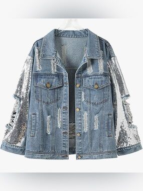 Cellabie Sequins Sleeve Denim Jean Jacket Ripped Destroyed Oversized Size L